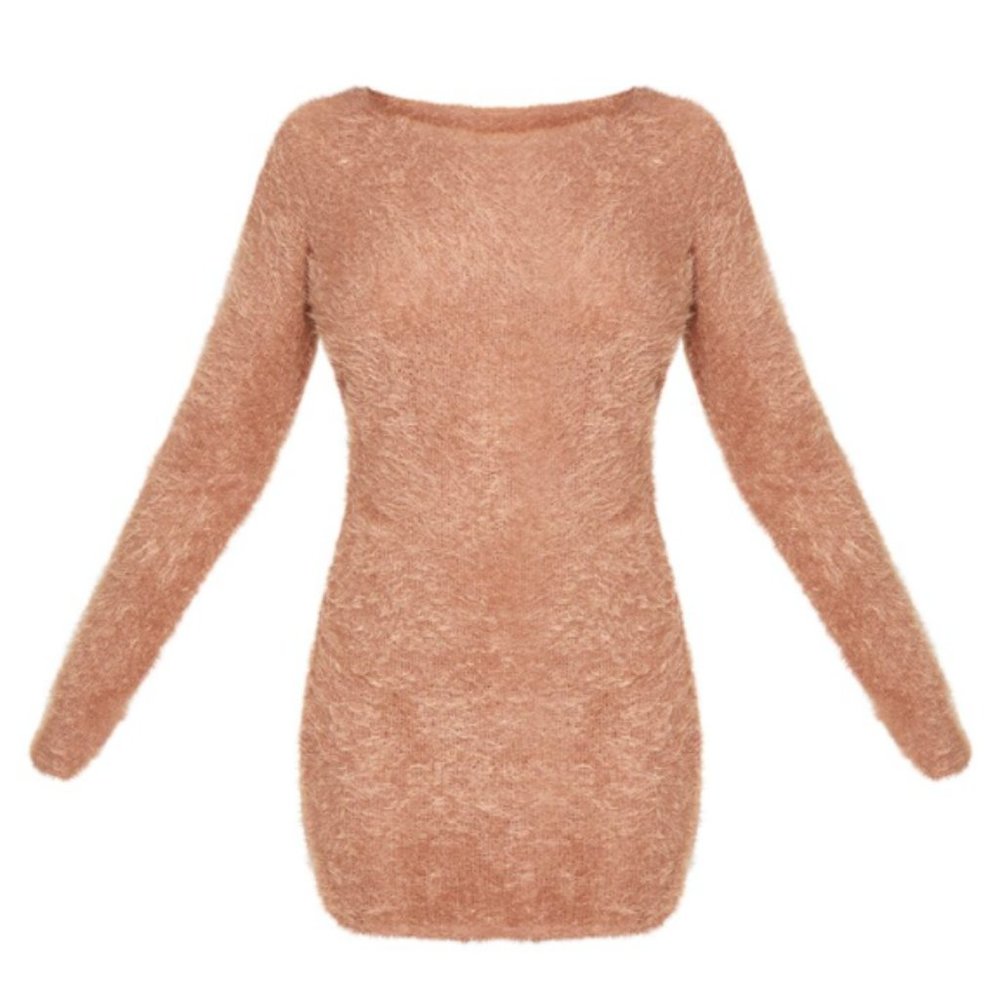Prettylittlething Fluffy Knit Brown Sweater Dress - Picture 3 of 3